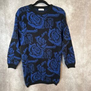 Vintage 80's Jamie Scott Rose Sweater Tunic Women's Size Small Blue Black Floral